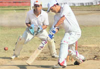A batsman in action at the Inter Departmental Cricket Tournament at Ambedkar Stadium, Dehradun, on Friday.