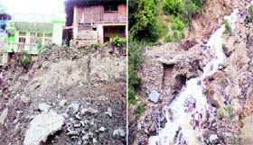 A damaged house; and (right) a stream that created havoc in Kafnaul village in Uttarkashi.