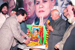 Congress leaders pay tributes to late Prime Minister Indira Gandhi on her birth anniversary in Jammu on Friday