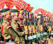 Recruits of the BSF at the passing-out parade in Humhama, on the outskirts of Srinagar, on Friday