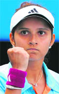Sania Mirza gestures after beating Zhang Shuai on Friday. Mirza won 6-2, 6-2