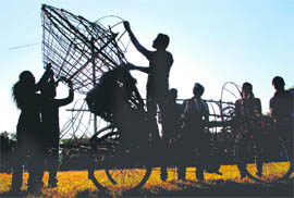 Students of the Government College of Arts, Chandigarh, prepare floats for the forthcoming Chandigarh Carnival on the college campus on Saturday