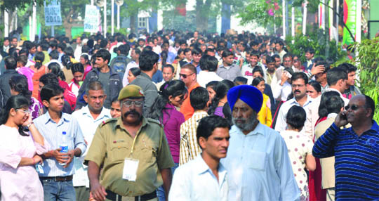 Crowd at the ongoing India International Trade Fair at Pragati Maidan in New Delhi on Saturday. 