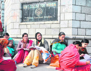 B.Ed students make last-minute preparations for the exam at Government College for Women in Srinagar on Saturday.