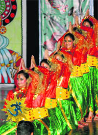 Students of Delhi Public School take part in the inter-DPS fusion dance competition at the Zorawar Stadium at Jammu University on Saturday.