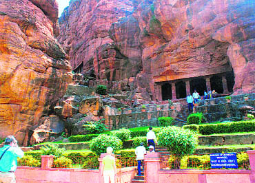 Entrance to the ancient rock-cut sculptures at Badami Photos by the writers