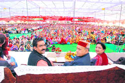 Chief Minister Prem Kumar Dhumal at a public meeting at Jaswan Kotla on Sunday. 