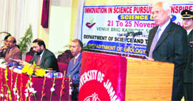 Governor N.N. Vohra addresses a science camp, Innovation in Science Pursuit for Inspired Research, at University of Jammu on Sunday.