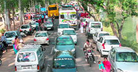 A traffic jam near Jhiri village at Kanachak on the outskirts of Jammu on Sunday.