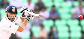 Sachin Tendulkar plays a shot against New Zealand in Nagpur on Sunday.