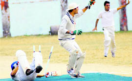 A wicketkeeper appeals for a run out in a match in the Inter-College Cricket Tournament of Uttarakhand Technical University at the Survey of India grounds in Dehradun on Monday.