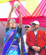 Uttarakhand Governor Margaret Alva releases a pigeon to declare the National School Boxing Tournament open Dehradun, on Monday.