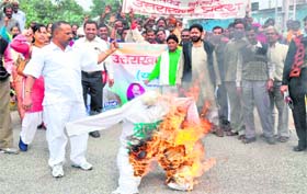 Uttarakhand Sanyukta Sangharsh Samiti activists burn an effigy of SP chief Mulayam Singh Yadav in Haridwar