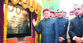 Chief Minister PK Dhumal at the foundation stone laying ceremony of the agriculture market at Prala near Shimla on Monday.