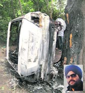 The burnt Mercedes at Khamano; (inset) Varinder Singh, who died in the accident. 