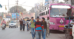 A private bus parked outside Hall Gate in Amritsar.