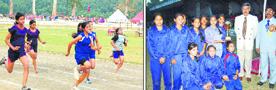 A race in progress at the Inter-School Athletic Meet; and (right) Army School Roorkee students pose with the overall trophy along side Brig DS Ahuja (left) and Principal George MO in Roorkee on Tuesday. 