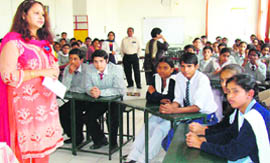 Students participate in a quiz contest organised by the Bharat Vikas Parishad