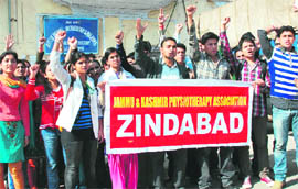 Members of the Physiotherapy Association (JKPA) hold a demonstration in Jammu