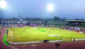 A cricket match in progress at the Guru Nanak Stadium in Ludhiana.