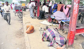 A bus shelter near Jagraon Bridge that has been encroached upon by beggars in Ludhiana.