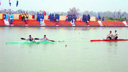 A rowing event in progress at the 10th All-India Police Water Sports Championship in Roorkee