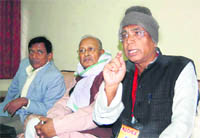 SN Pathak, All-India Defence Employees Federation chief, addresses the media in Dehradun on Wednesday.