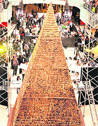 A 26.8-foot-high chocolate clair pyramid, the countrys biggest, prepared by 25 chefs, including 12 finalists of a TV show, MasterChef India, at a mall in Gurgaon on Wednesday. The pyramid is covered with 16,000 chocolate clairs and 1,000 litres of milk, 800 kg of flour, 500 kg of butter, 20,000 eggs and 450 kg of chocolate have been used in preparing it. Tribune photo: Sayeed Ahmed