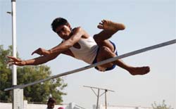 A high-jump competition in progress during the District School Athletics Meet at the Sports Stadium in Bathinda on Friday. 
