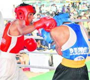 A bout in the National School Boxing Championship in Dehradun on Friday.