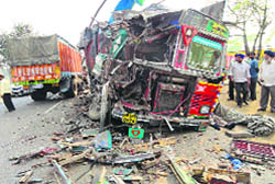 The mangled remains of one of the trucks that met with an accident near Macchiwara