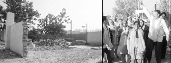 The razed portion of the cremation ground; and (right) party workers protest its demolition in Kharar