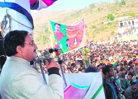 Uttarakhand Chief minister Ramesh Pokhriyal Nishank addresses a public meeting at Jaunpur in Tehri Garhwal