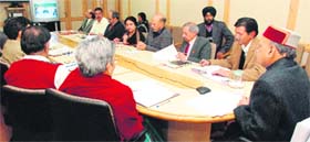 Chief Minister PK Dhumal during a video-conference with DCs and SPs at Shimla