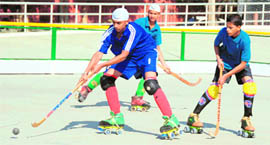 A roller skating match in progress in Ludhiana on Saturday.