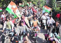 Activists of the Chandigarh Territorial Youth Congress take out an awareness rally in Chandigarh on Sunday. 