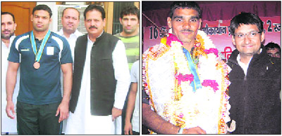 Mausam Khatri with INLD leader Surender Singh Dahiya at his residence in Sonepat; and Deepender Hooda, MP, with silver medallist Anil Gehlawat at a felicitation function in Khanpur Khurd in Jhajjar.
