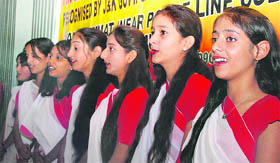 Students recite Saraswati Vandana at a function organised by ASN Higher Secondary School in Jammu on Sunday.