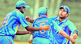 Indian players celebrate their win over New Zealand in Guwahati on Sunday.