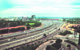 An aerial view of the Gurgaon-Delhi highway near the Delhi border toll plaza.