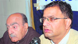 Ajay Chrungoo, chairman of the Panun Kashmir, addresses mediapersons in Jammu on Monday.