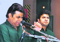 Classical vocalists Rajneesh Mishra and Ritesh Mishra perform during a concert organised under the aegis of SPICMACAY in Ludhiana on Monday. 