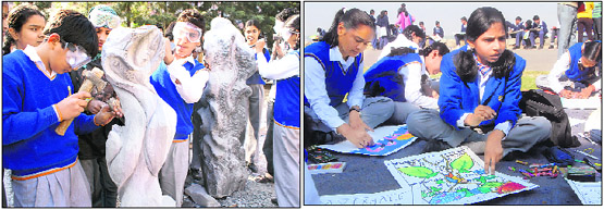 Students of The Gurukul engaged in sculpting during a 10-day workshop; and (right) schoolkids participate in a painting competition on environment at Sukhna Lake in Chandigarh on Tuesday.