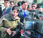 PDP President Mehbooba Mufti talks to mediapersons in Srinagar 