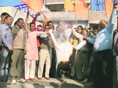 Activists of the Hindu-Sikh Jagriti Sena burn an effigy of gas agencies in Ludhiana 