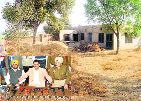 The abandoned house of a former militant in Dala village in Moga district where illegal arms were being made and (inset) SSP Sneh Deep Sharma and other police officers show the haul of arms