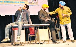 Artistes stage a play Aerocity ton baad in Chandigarh on Wednesday. 