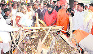Baba Ramdev at the cremation of Rajeev Dikshit in Haridwar on Wednesday.