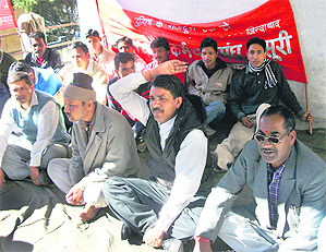 Workers of Avalon Resort hold a protest in Mussoorie on Wednesday.