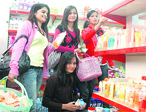 Participants of the Miss Beautiful Skin contest at a shop in Dehradun on Tuesday. A Tribune photograph